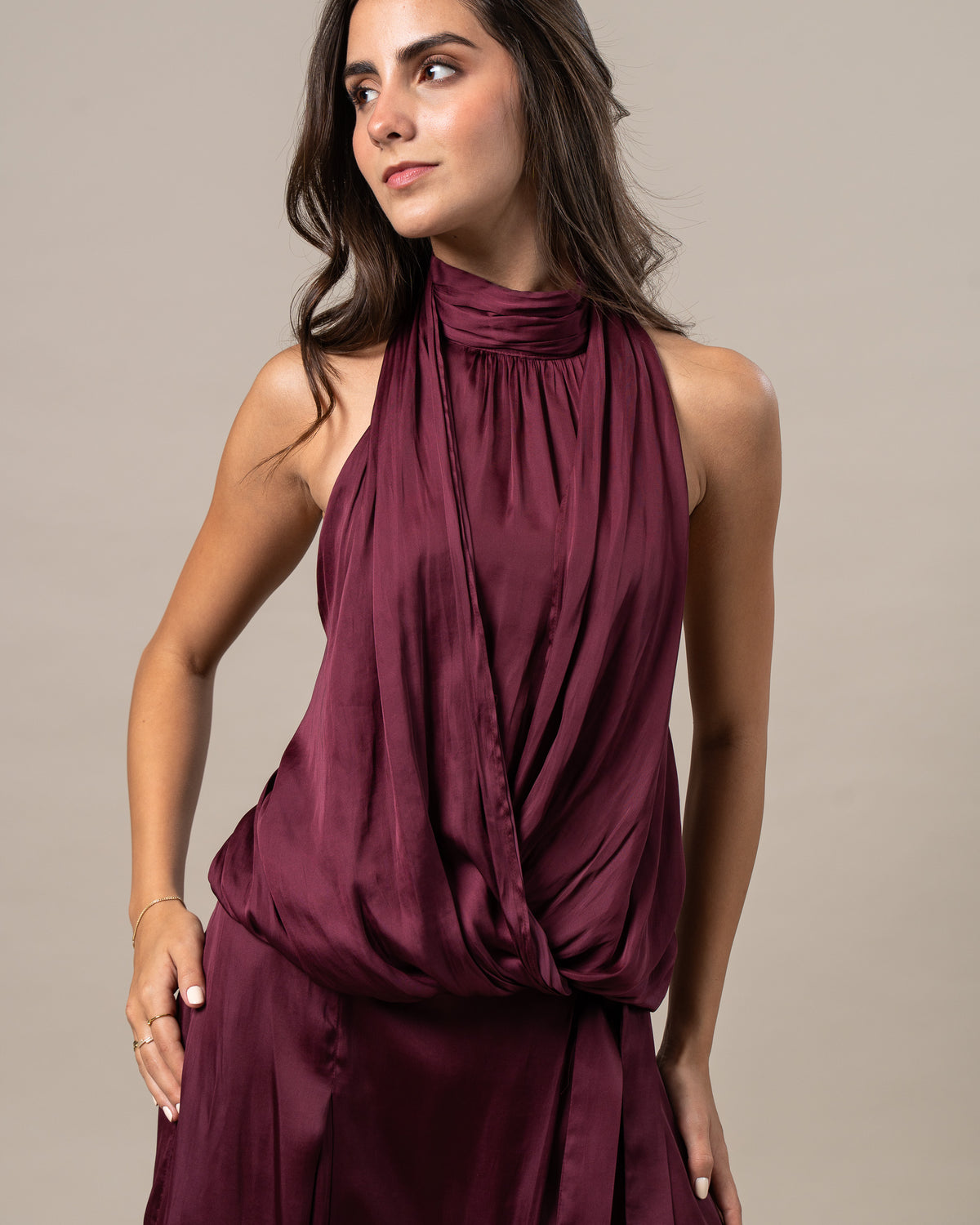DRAPED SATIN HALTER