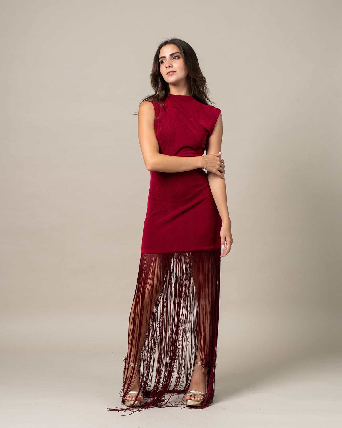 BEADED FRINGE MAXI DRESS