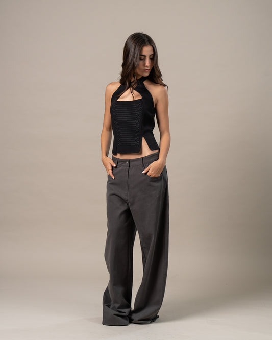 CHARCOAL BARREL LEG PANTS