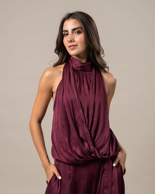DRAPED SATIN HALTER