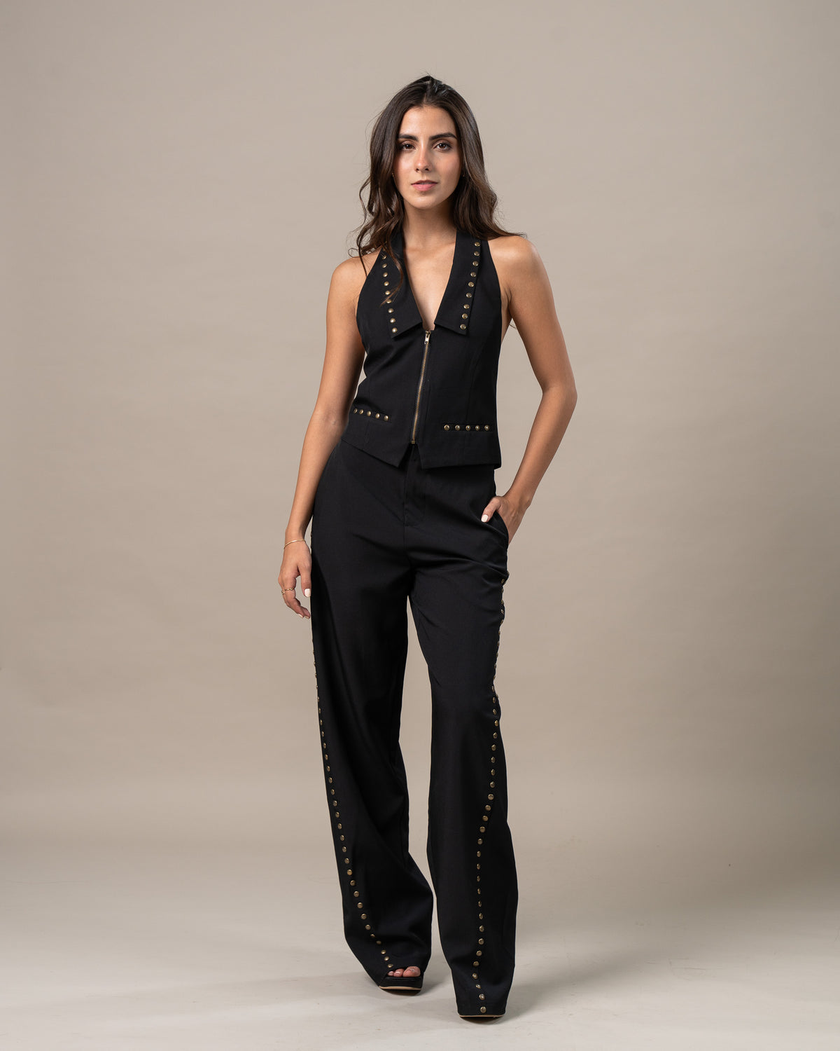 STUDDED HALTER ZIP-UP TOP