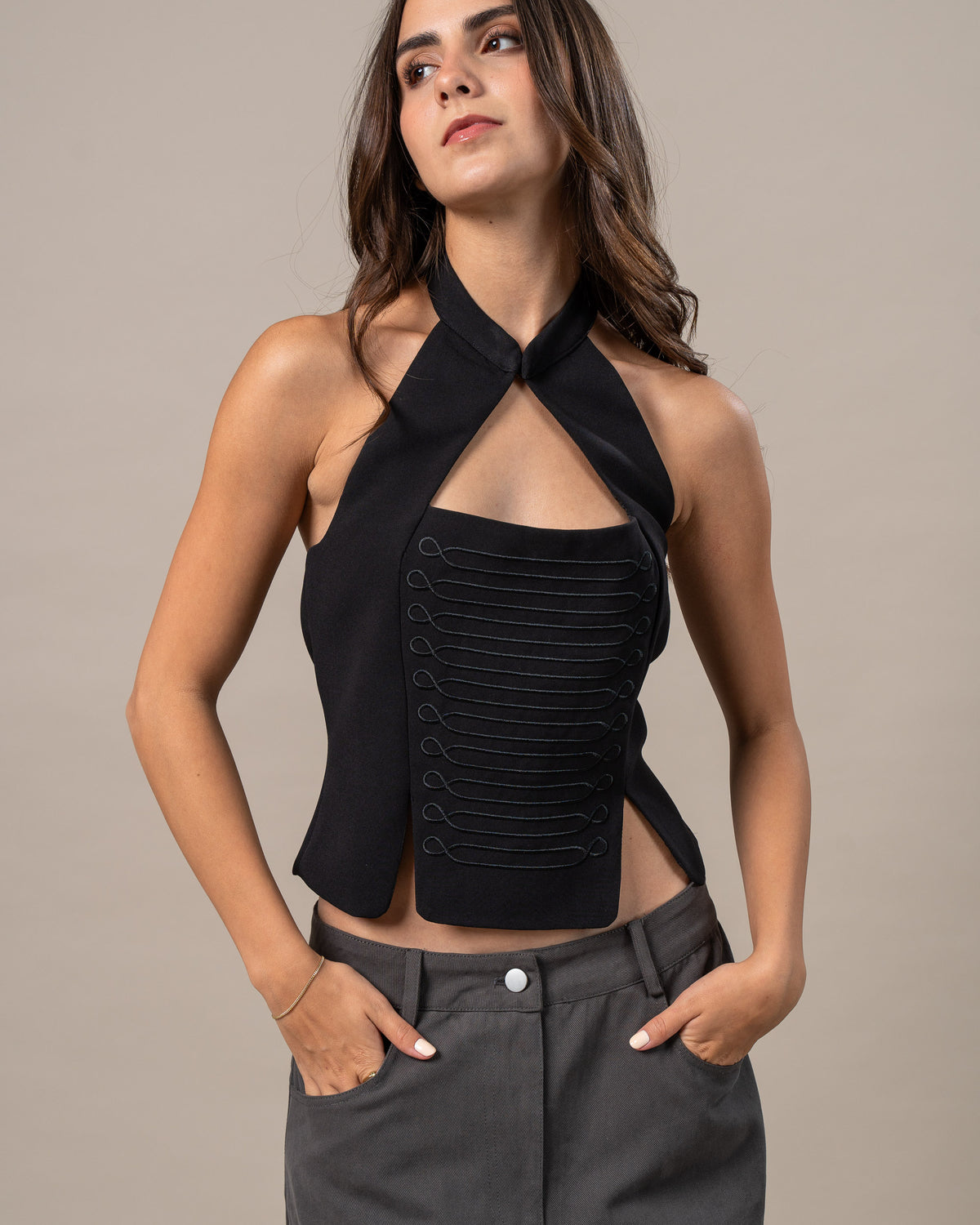 EMBROIDERED HALTER TOP