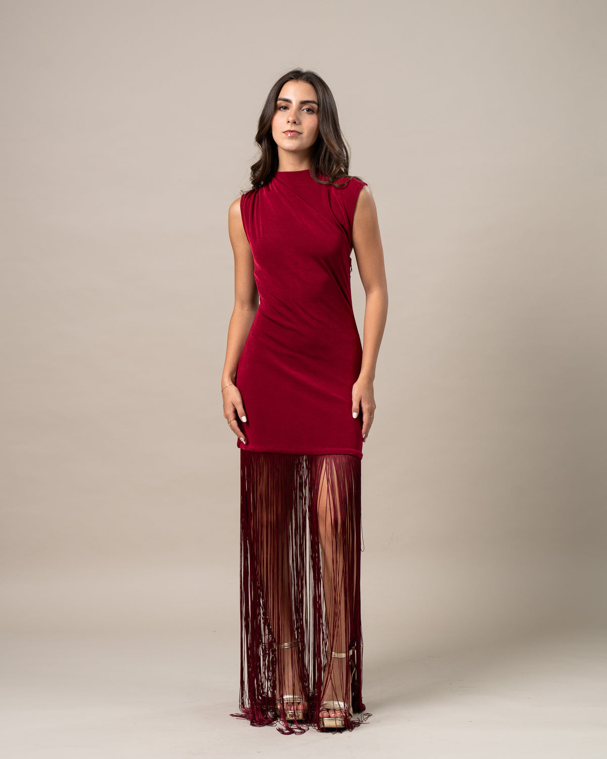 BEADED FRINGE MAXI DRESS