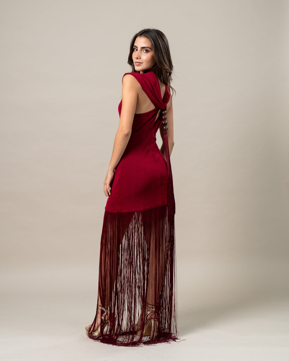 BEADED FRINGE MAXI DRESS