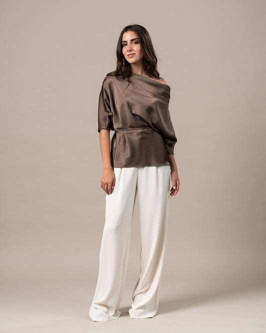 SATIN COWL NECK TIE BLOUSE