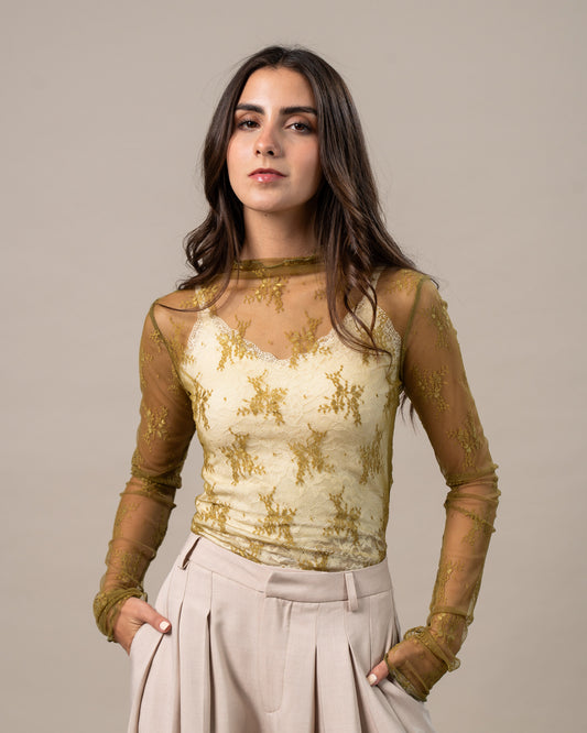 LACE MESH HIGH NECK TOP