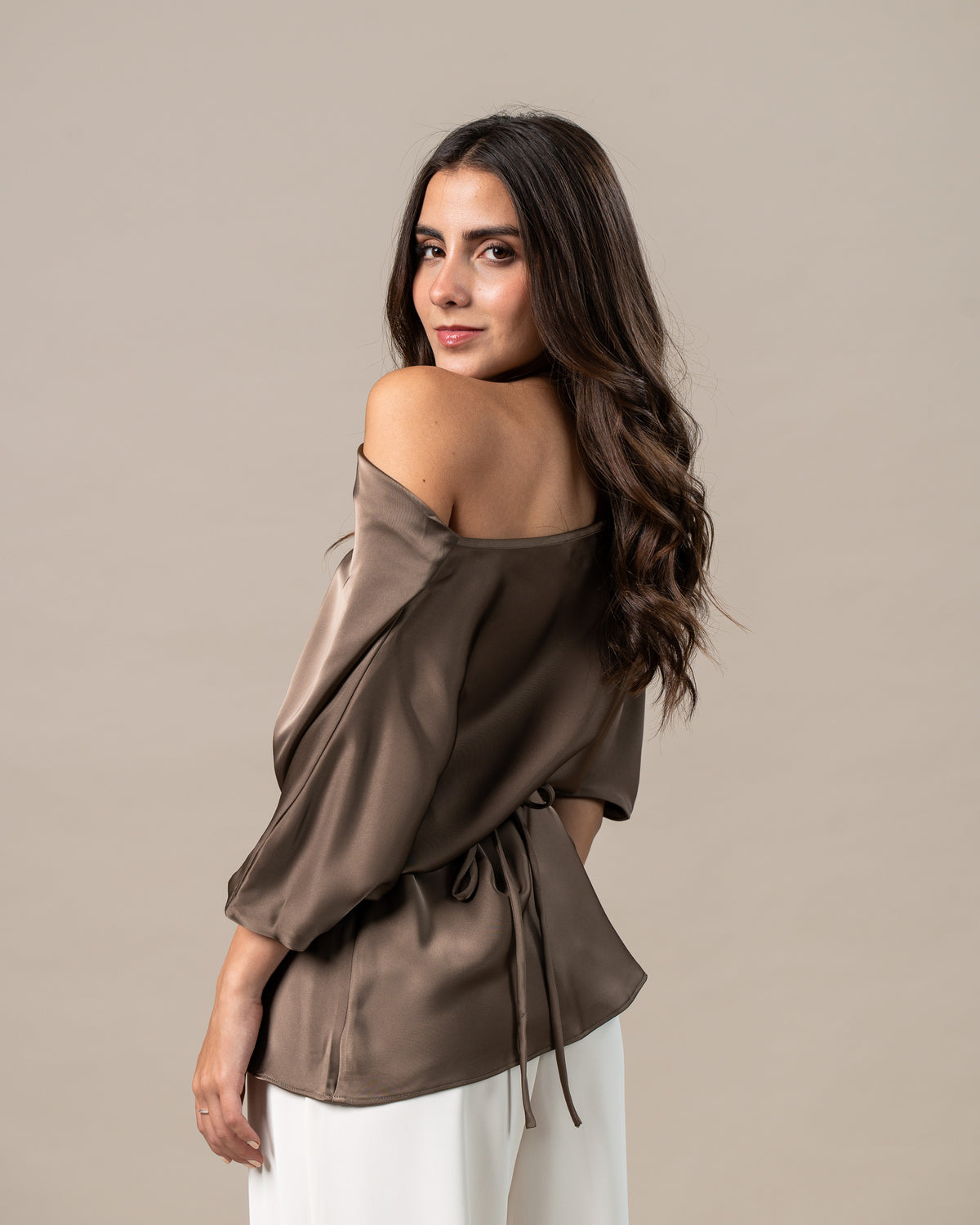 SATIN COWL NECK TIE BLOUSE