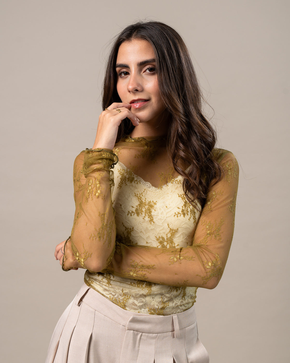 LACE MESH HIGH NECK TOP