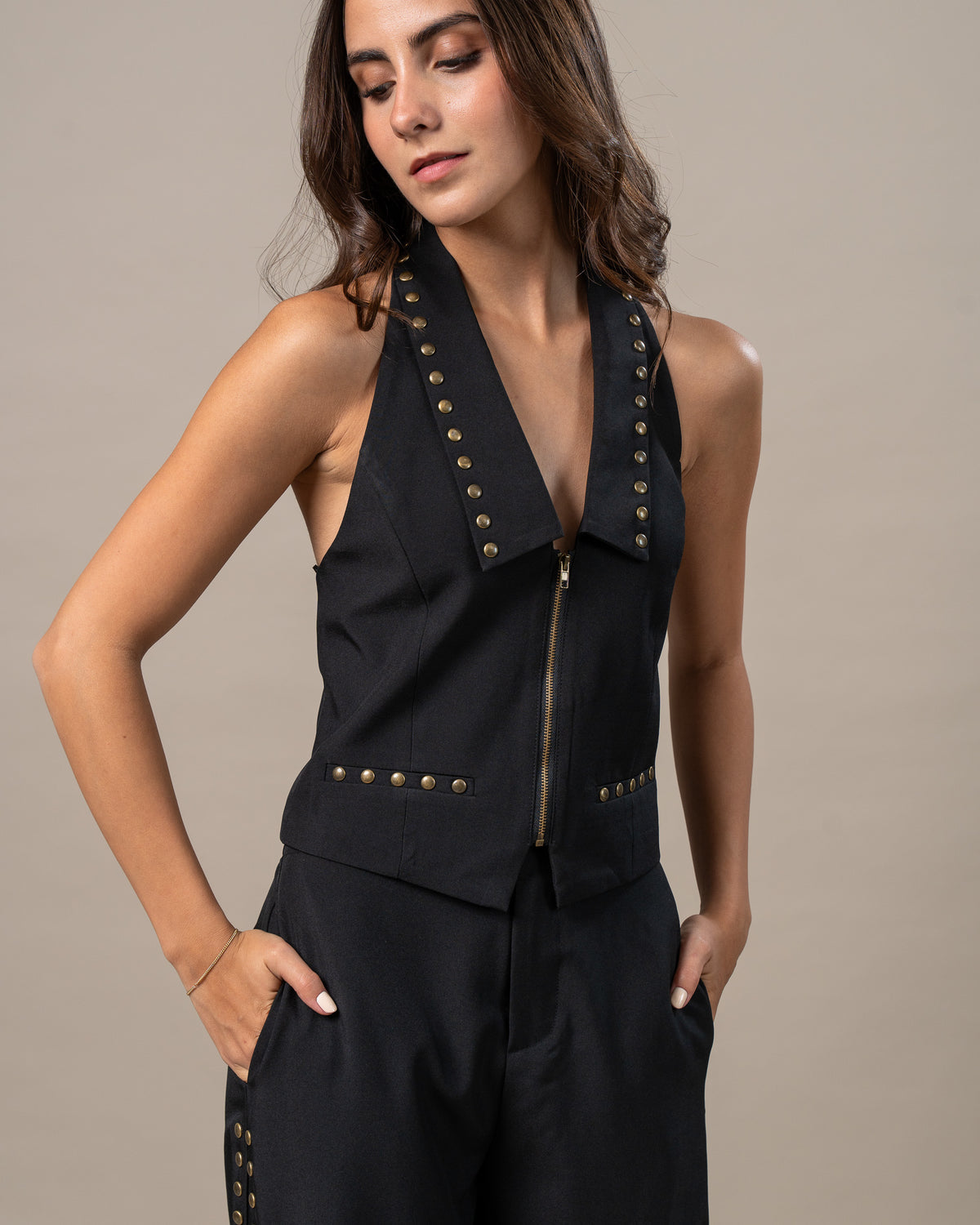 STUDDED HALTER ZIP-UP TOP