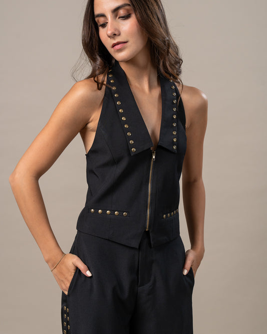 STUDDED HALTER ZIP-UP TOP